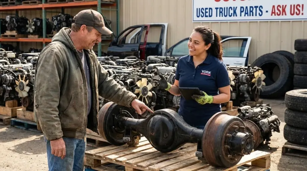 An image of a customer and staff member examining a truck axle in a salvage yard