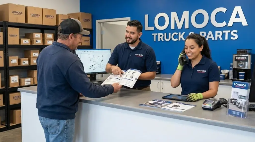 An image of a customer getting assistance at the Lomoca truck parts counter