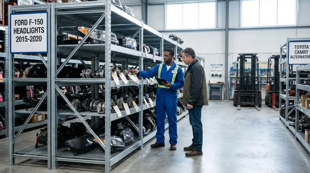 An image of a customer reviewing organized used auto and equipment parts in a warehouse inventory system