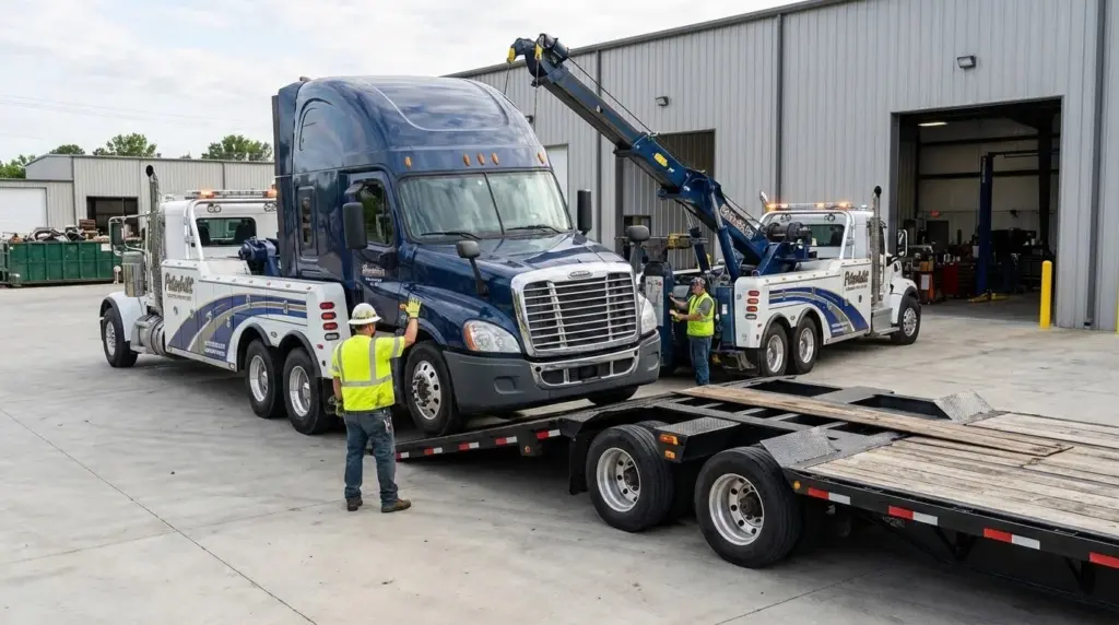 An image of a heavy duty tow truck loading a semi truck for junk truck removal
