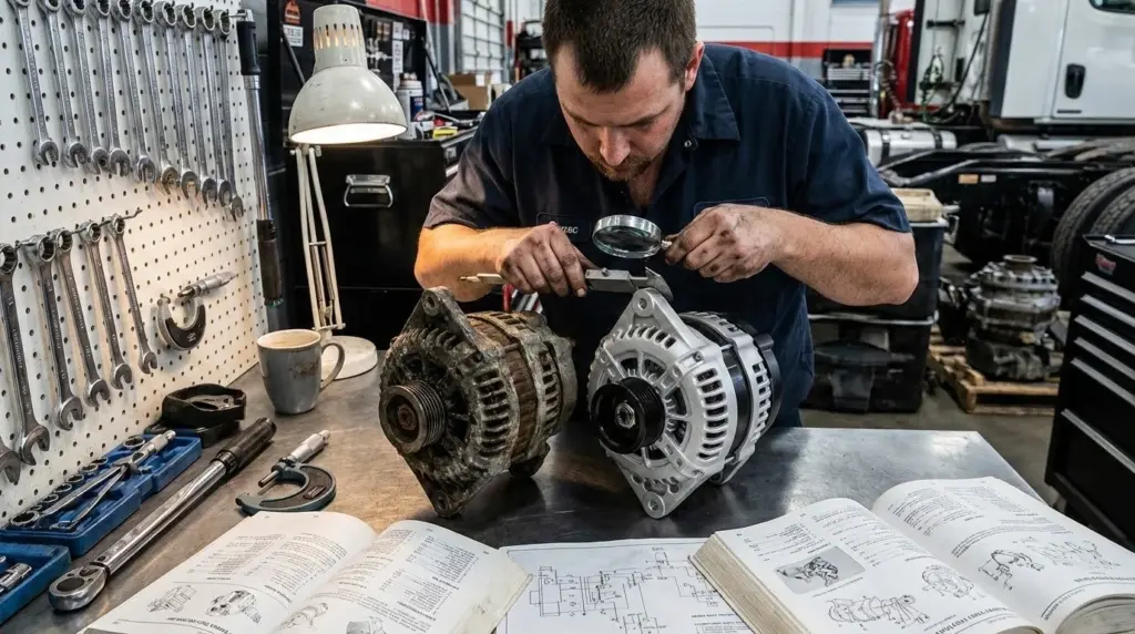 An image of a mechanic inspecting and comparing used truck alternators