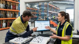 An image of a salvage yard team assisting a customer in identifying the correct equipment part using a parts catalog