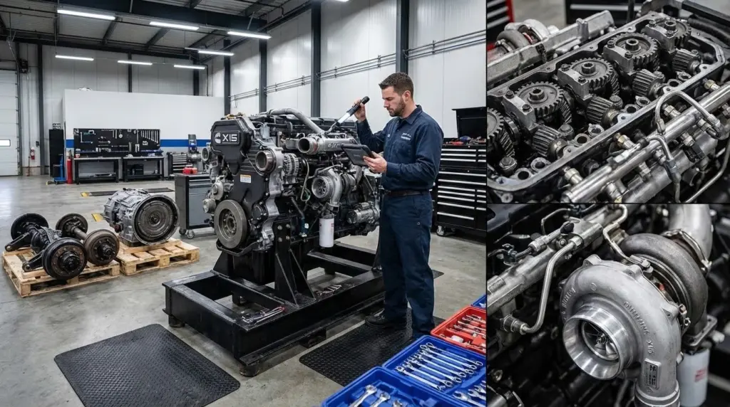 An image of a technician inspecting a diesel engine and used truck parts in a workshop
