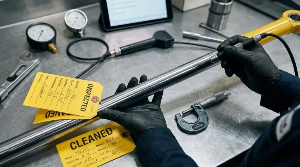 An image of a technician inspecting and tagging a cleaned hydraulic component for resale