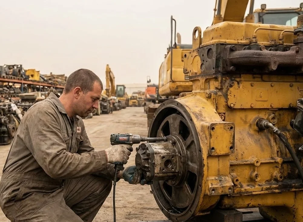 An image of a technician repairing heavy equipment in a salvage yard using tools on a machine component