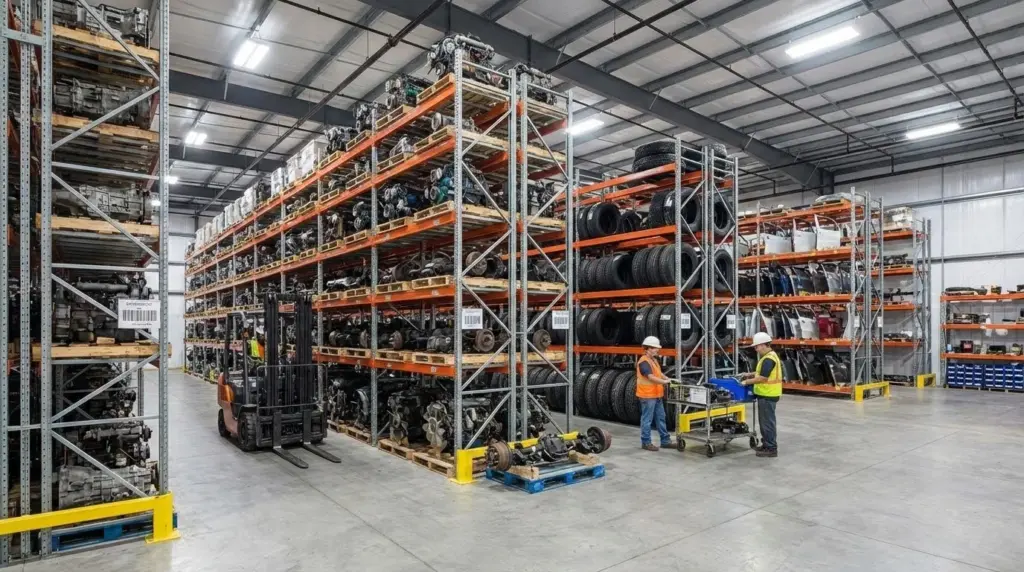 An image of a warehouse filled with organized recycled truck parts and heavy duty components