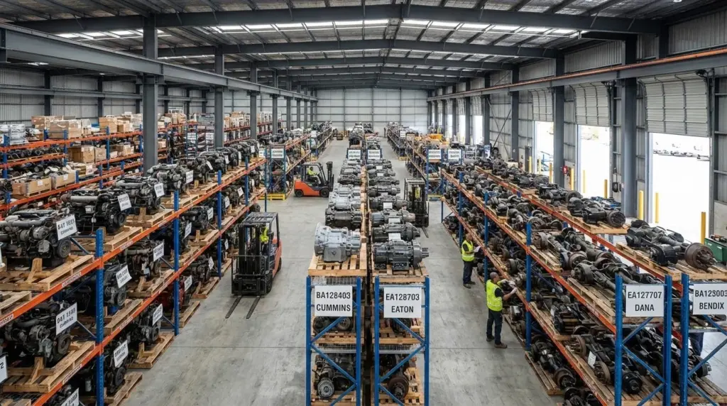 An image of a warehouse stocked with organized medium duty truck parts and components