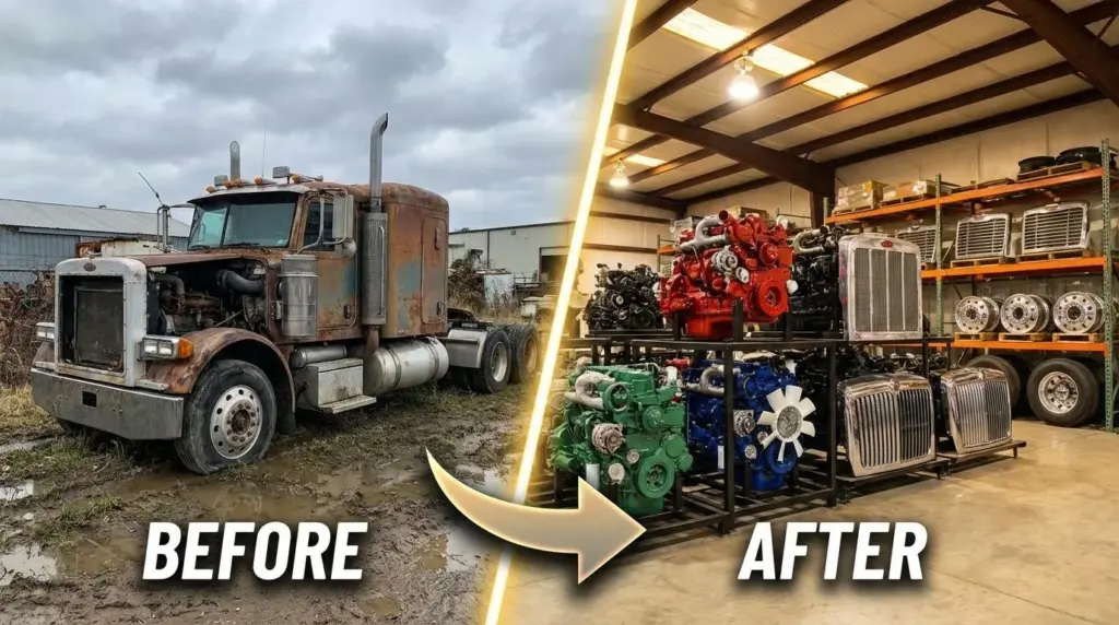 An image of a worn out junk truck beside refurbished truck parts ready for resale