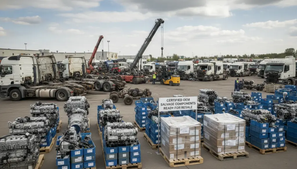 An image of dismantled heavy trucks in a salvage yard with organized OEM parts ready for resale