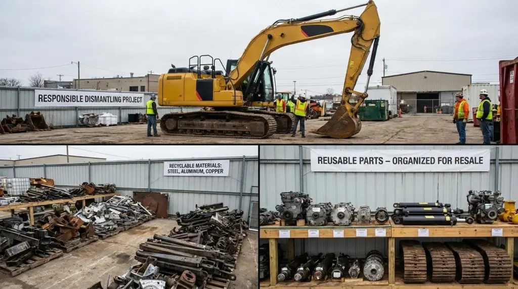 An image of heavy equipment being dismantled with recyclable materials and organized reusable parts for resale
