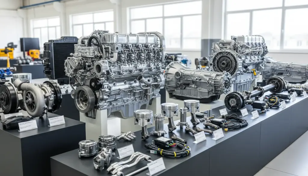 An image of OEM heavy truck components, including engine parts and transmissions