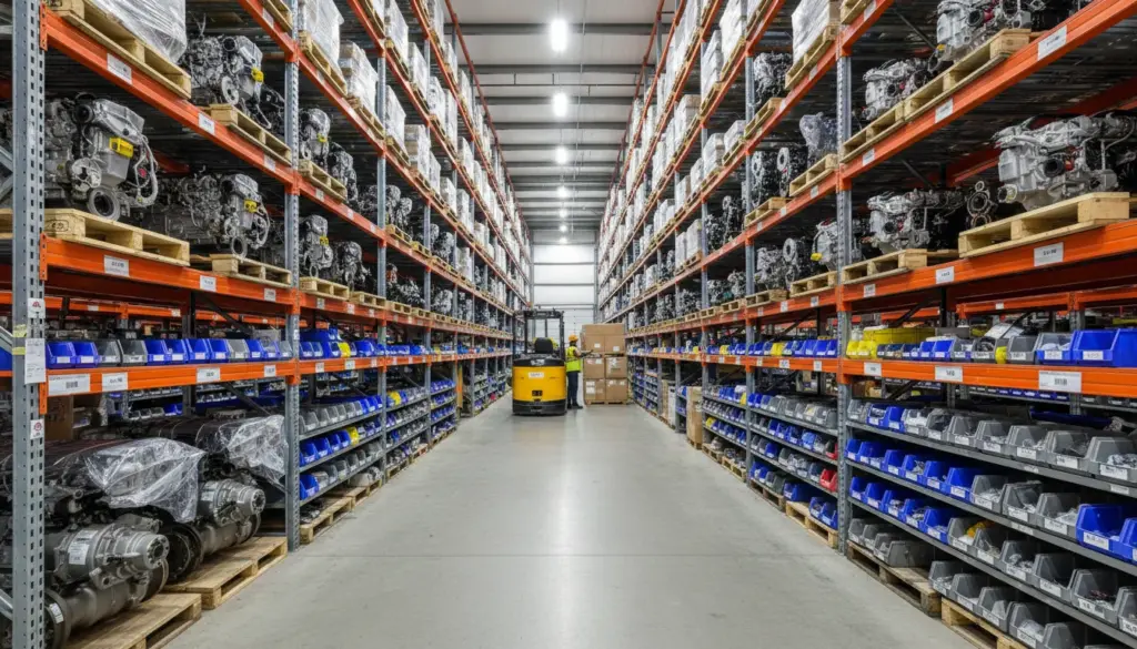 An image of organized heavy truck parts shelves in a warehouse