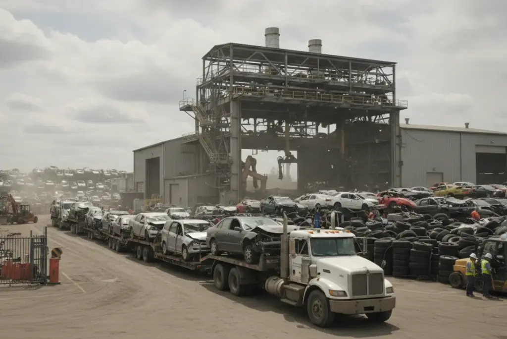 An image of salvage trucks arriving at a dismantling facility yard