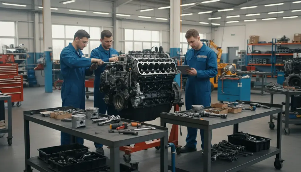 An image of technicians carefully dismantling a heavy truck engine in a workshop